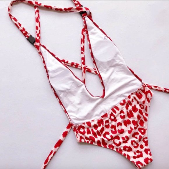 💋🌸La Farrah Sexy Leopard Deep V Swimsuit in Pink - Picture 7 of 8